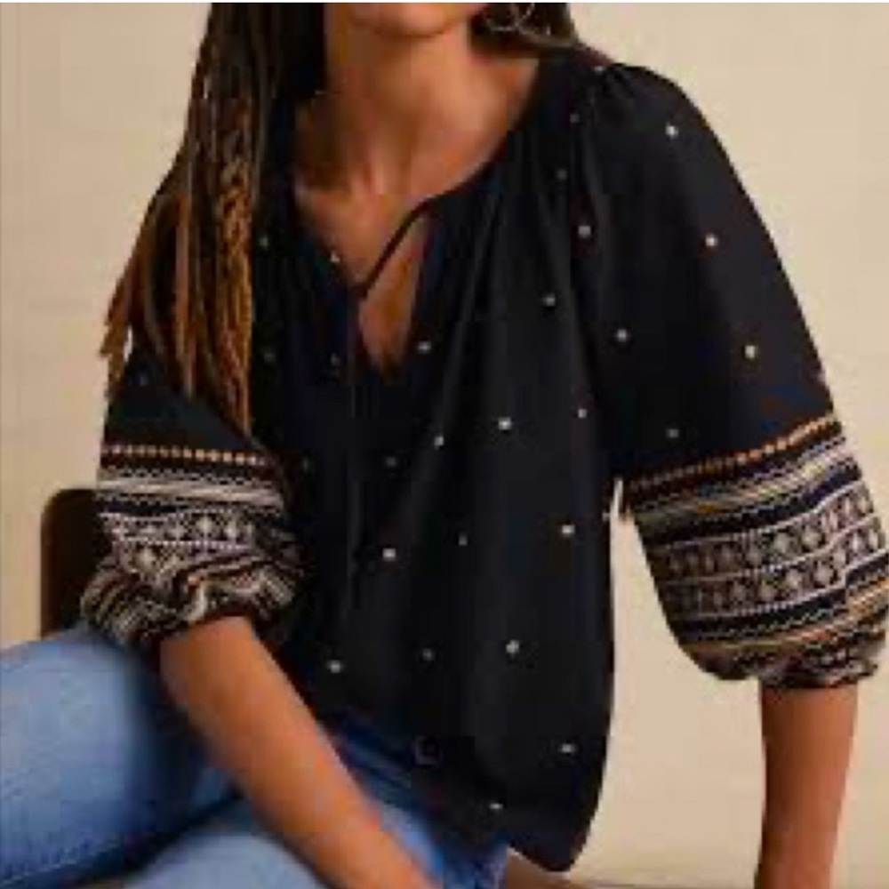 Anthropologie Embroidered Black Bohemian Blouse with Patterned Sleeves